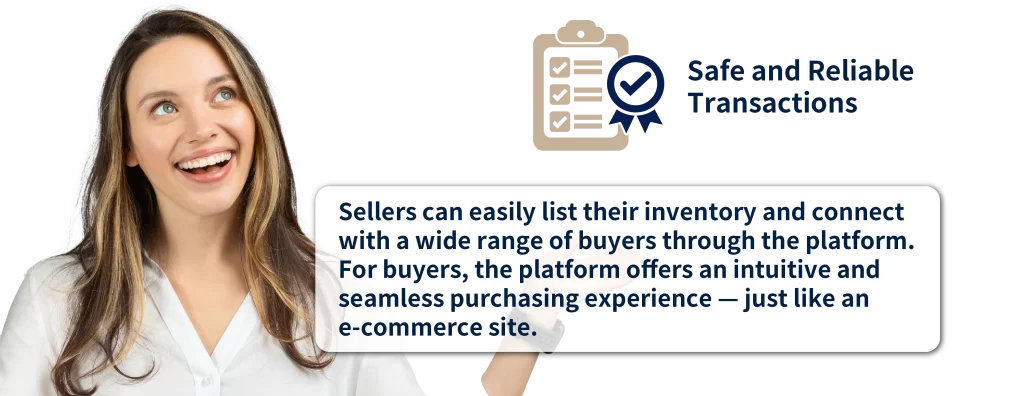Sellers can easily list their inventory and connect with a wide range of buyers through the platform.
For buyers, the platform offers an intuitive and seamless purchasing experience — just like an e-commerce site.